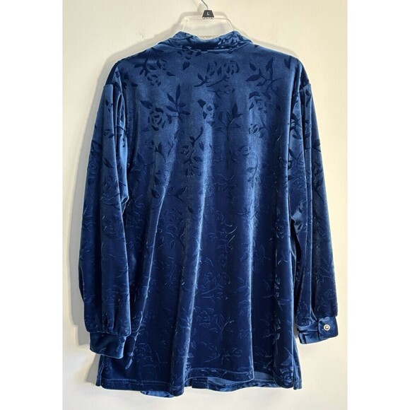 DIANE VON FURSTENBURG Blue Floral Velvet Shirt Women 1X Velour Button Tunic Top - Picture 3 of 8